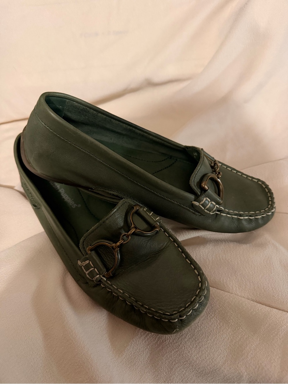 HUSH PUPPIES Women's Dark Green Leather Moccasin Loafers with Metal Bit